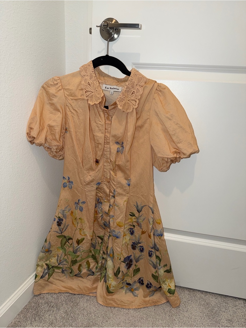 En Saison Peach Floral Lace-Collar Puff Sleeve spring summer Dress size small